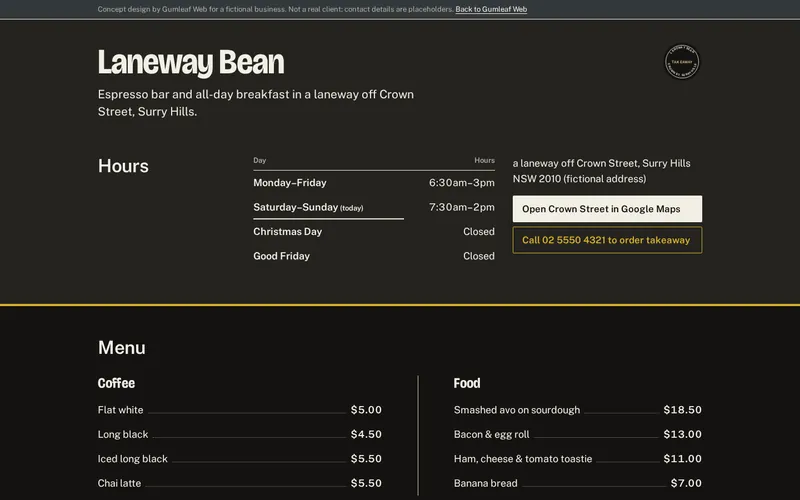 Concept homepage for a fictional café, showing a menu and opening hours