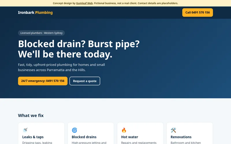 Concept homepage for a fictional plumbing business, showing an emergency call button and services